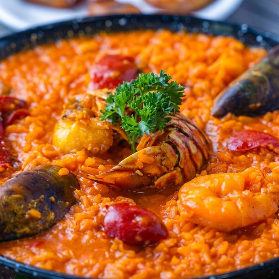 Pan of vibrant seafood paella with shrimp, mussels, lobster, red peppers, and parsley garnish.