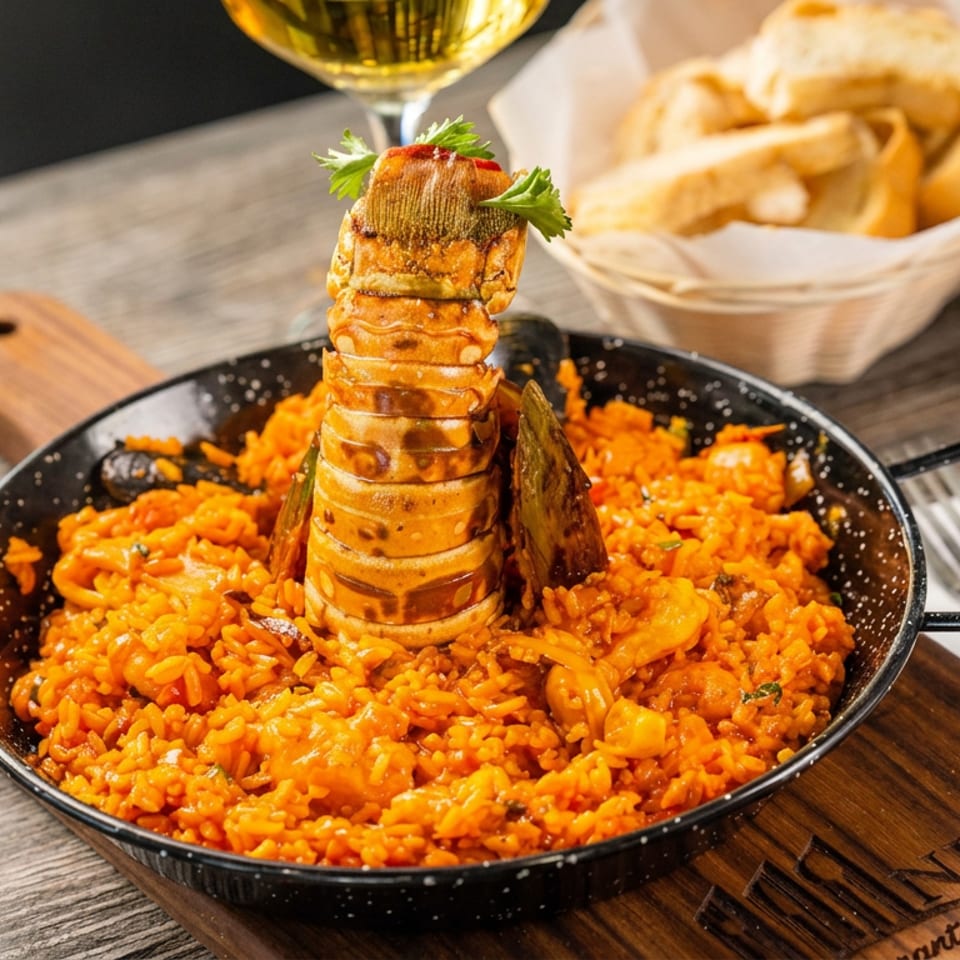 Pan of orange seafood rice topped with grilled lobster tail, served with fries and white wine on a rustic table.
