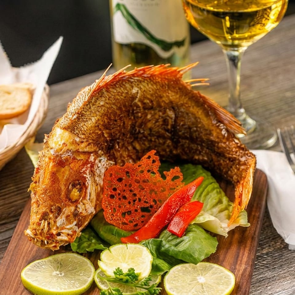 Whole fried fish served on lettuce with red peppers and lime, accompanied by bread, white wine, and table settings.