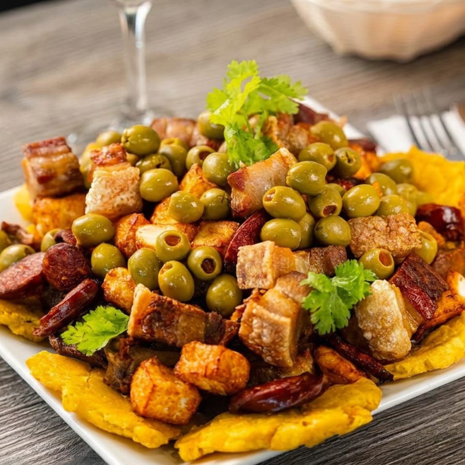 Square plate piled with fried plantains, pork, sausage, green olives, and cilantro on a rustic wooden table.