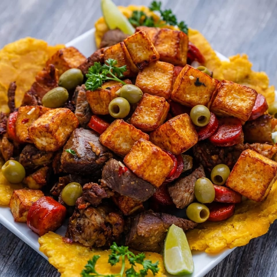 Platter of grilled meat, golden fried plantains, roasted cubes, olives, tomatoes, parsley, and lime wedges.